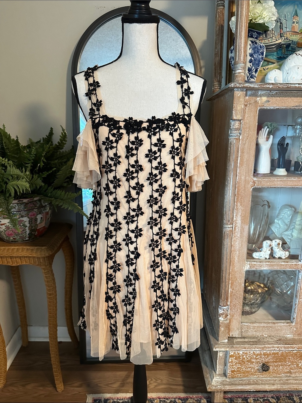 Sheer Beige Mini Dress with Black Floral Embroidery
